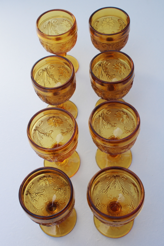 vintage amber glass wine glasses candle fairy lights, Tiara / Indiana sandwich daisy pattern