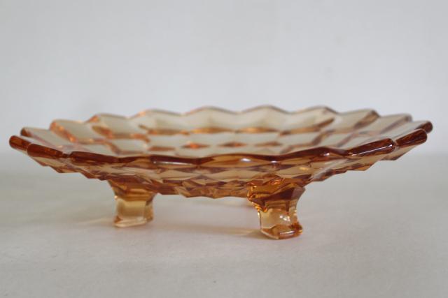 vintage amber glassware, American pattern Fostoria bonbon dish three toed plate