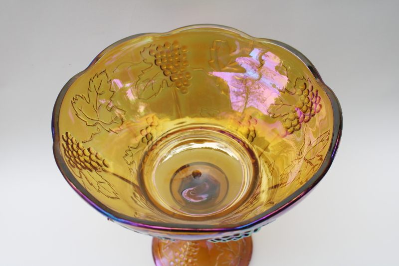 vintage amber gold carnival glass compote bowl, Indiana Colony harvest grapes