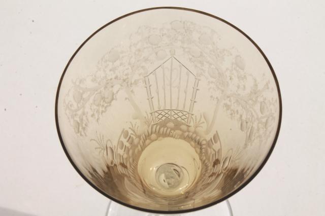 vintage amber smoke etched cut glass colonial couple stemware, crystal twist stem glasses 