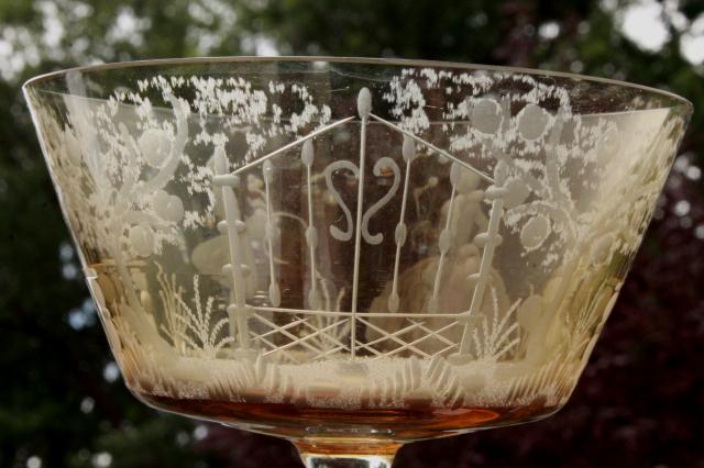 vintage amber smoke etched cut glass colonial couple stemware, crystal twist stem glasses