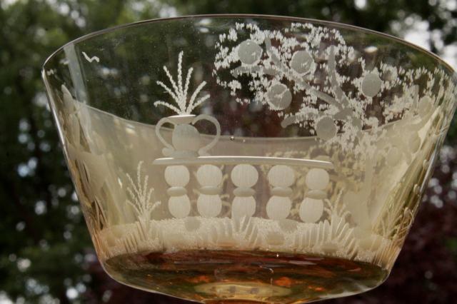 vintage amber smoke etched cut glass colonial couple stemware, crystal twist stem glasses