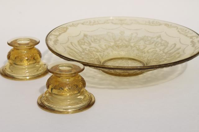 vintage amber yellow depression glass, Madrid candle holders & flower bowl