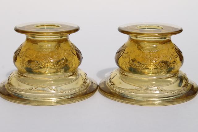 vintage amber yellow depression glass, Madrid candle holders & flower bowl