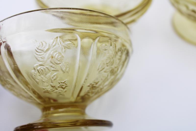 vintage amber yellow depression glass sherbet dishes, Sharon cabbage rose pattern glassware