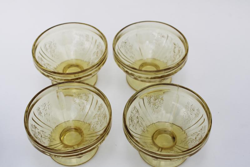 vintage amber yellow depression glass sherbet dishes, Sharon cabbage rose pattern glassware