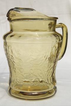 vintage amber yellow glass lemonade pitcher, Madrid or Recollection depression glass
