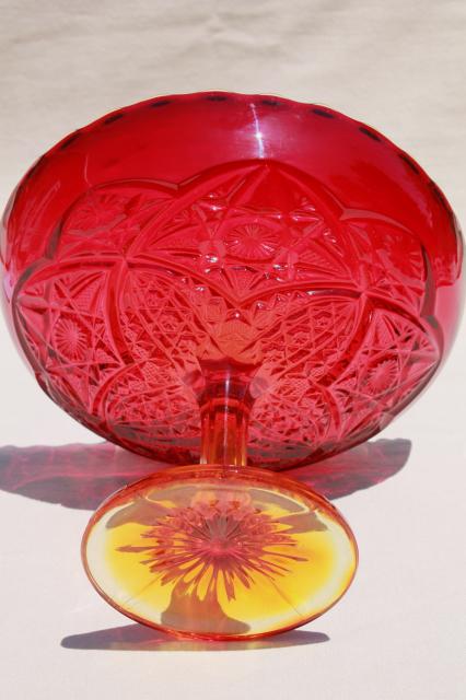 vintage amberina glass compote bowl, red amber flame orange shaded glass