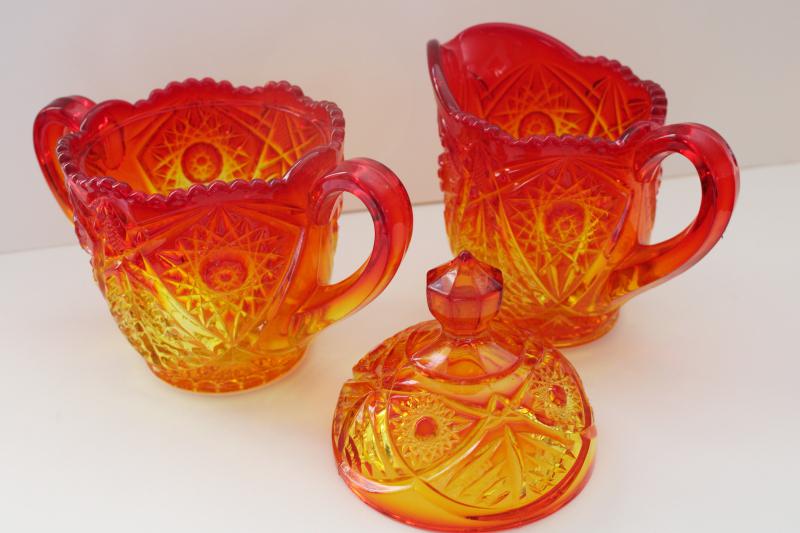 vintage amberina glass, large cream pitcher & covered sugar bowl hobstar pattern