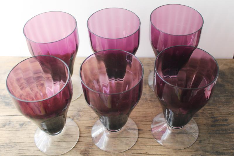 vintage amethyst glass iced tea tumblers or wine glasses, grape purple w/ crystal foot