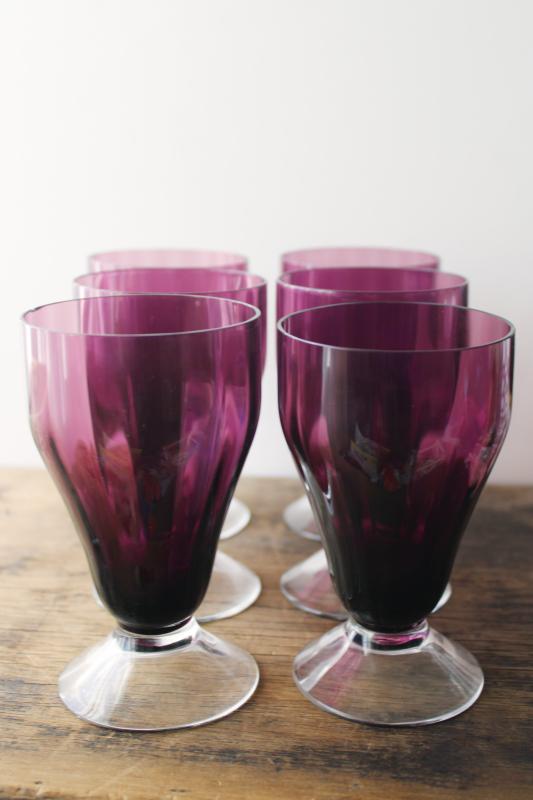 vintage amethyst glass iced tea tumblers or wine glasses, grape purple w/ crystal foot