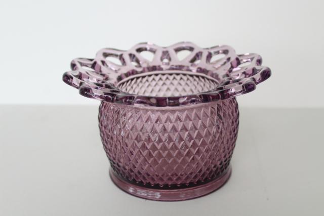 vintage amethyst purple Imperial glass rose bowl vase, open lace edge pattern
