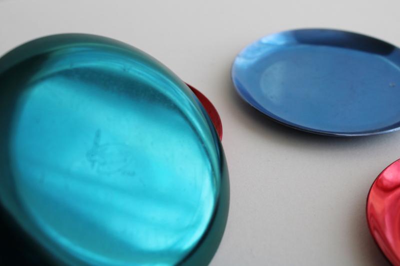 vintage anodized color spun aluminum coasters, red, teal, blue marked Flamingo Italy