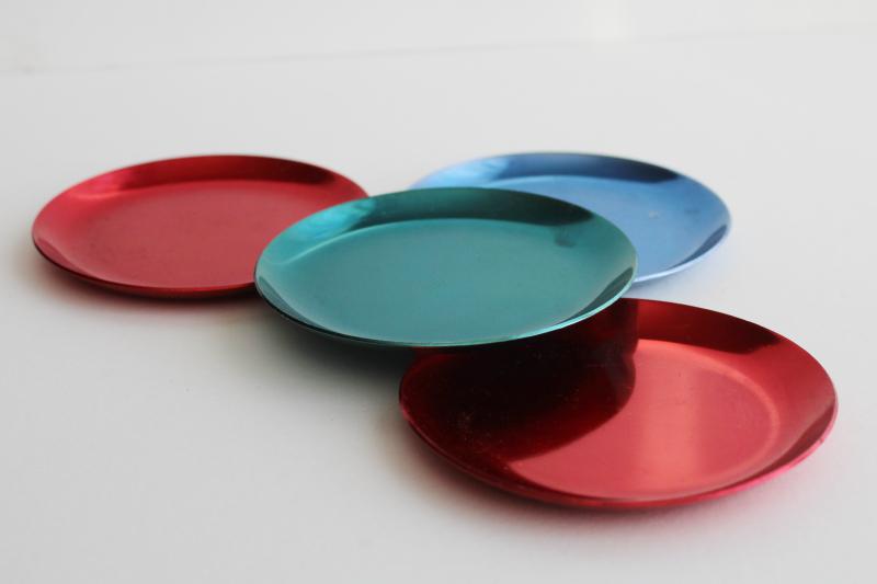 vintage anodized color spun aluminum coasters, red, teal, blue marked Flamingo Italy
