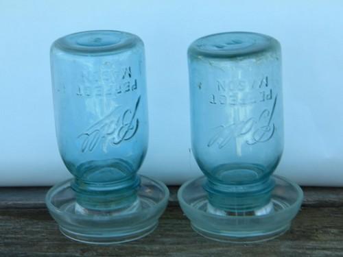vintage antique farm primitive baby chick waterers, glass w/ old blue jars