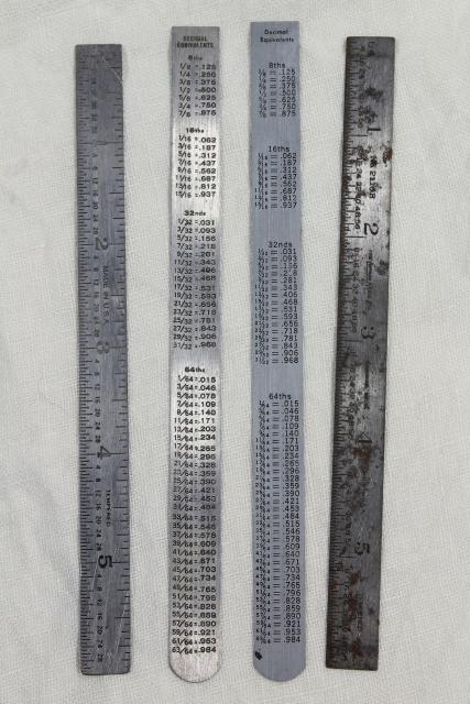 vintage & antique measuring scales, 6 inch metal rules, old tool advertising rulers