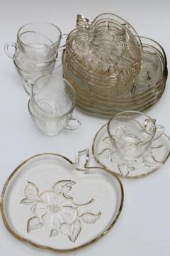 vintage apple blossom glass luncheon / snack set dishes, apple shaped plates, tea cups & saucers