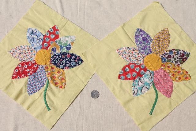 vintage applique quilt blocks, 40s 50s cotton print fabric flowers, big daisies on yellow