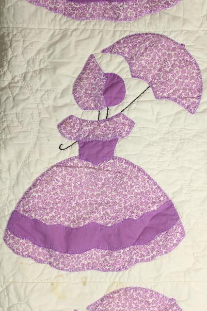 vintage applique quilt, southern belle sunbonnet lady w/ parasol, lavender & white cotton