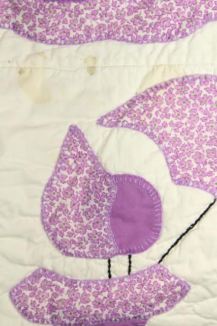 vintage applique quilt, southern belle sunbonnet lady w/ parasol, lavender & white cotton