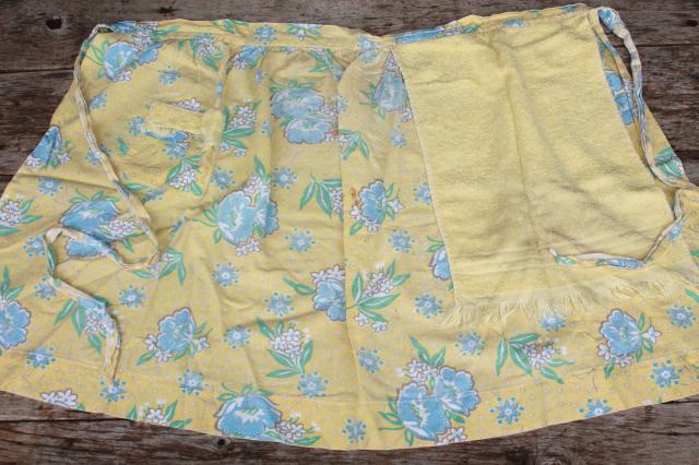 vintage apron lot, kitchen aprons all retro fabric, pretty prints in yellow, green, blue