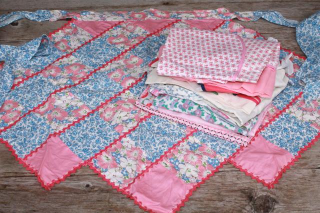 vintage apron lot, pretty pink, blue prints, red hearts kitchen aprons 