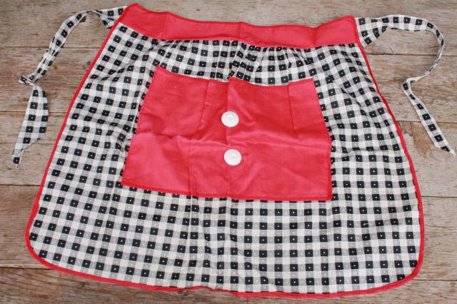 vintage apron lot, red & black kitchen aprons all retro fabric, pretty prints