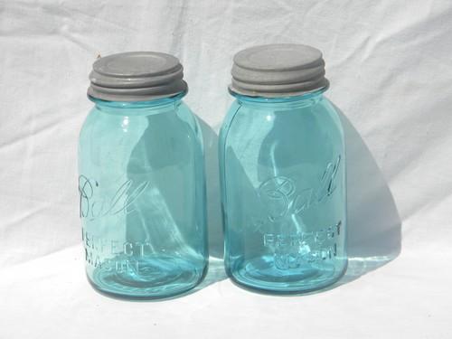 vintage aqua blue Ball Perfect Mason jars/canisters, zinc lids