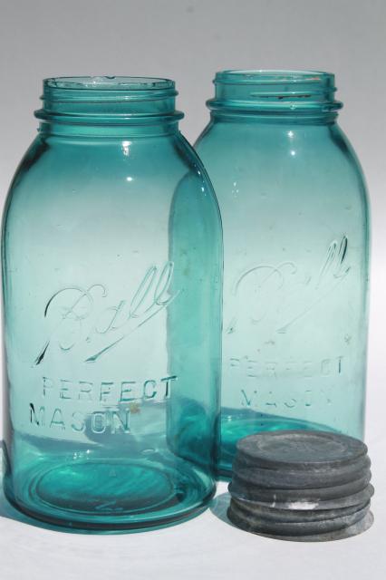 vintage aqua blue glass Ball Perfect Mason jars, big two quart size canning jar kitchen canisters