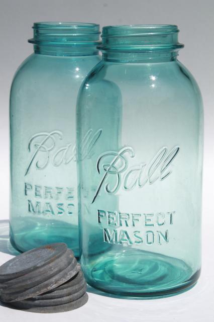 vintage aqua blue glass Ball Perfect Mason jars, big two quart size canning jar kitchen canisters