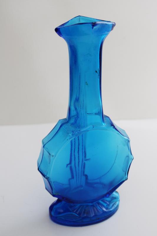 vintage aqua blue glass bottle, banjo or violin figural bottle / vase