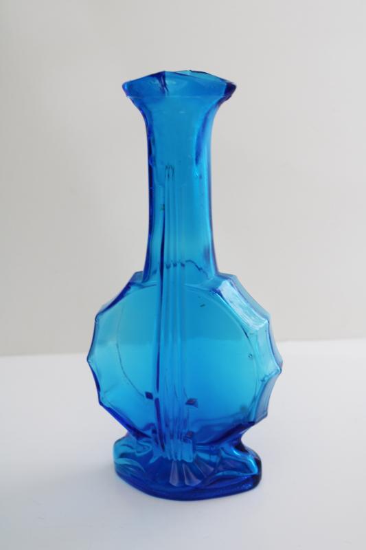 vintage aqua blue glass bottle, banjo or violin figural bottle / vase