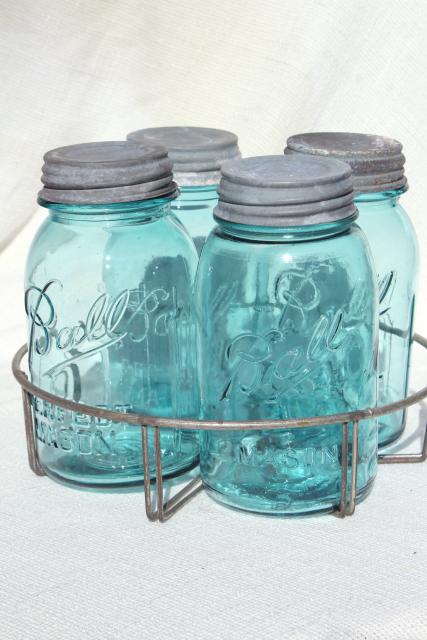 vintage aqua blue glass canning jars in old wire rack, Ball Mason jars w/ zinc lids