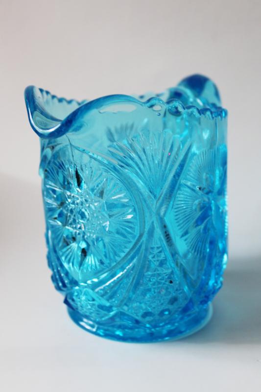 vintage aqua blue glass cream pitcher, Kemple / McKee Yutec pattern creamer