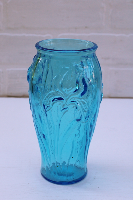vintage aqua glass vase w/ embossed iris pattern, stylized irises art nouveau floral