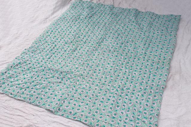 vintage aqua print cotton covered comforter, puffy duvet hand tied whole cloth quilt