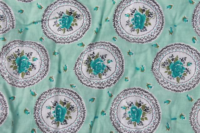 vintage aqua print cotton covered comforter, puffy duvet hand tied whole cloth quilt