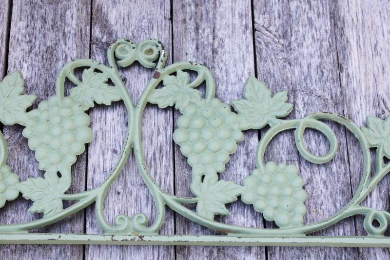 vintage architectural cast iron crown pediment, old green entry gate arbor garden decor