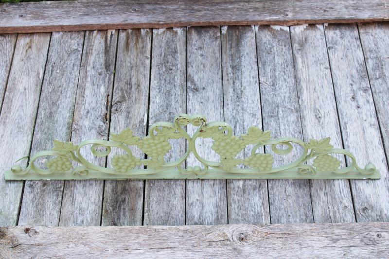 vintage architectural cast iron crown pediment, old green entry gate arbor garden decor