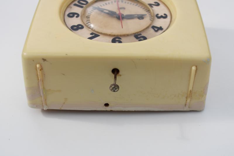 vintage art deco clock / electric wall timer ivory bakelite case and lightning bolt hands, mid-century industrial decor