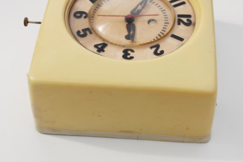 vintage art deco clock / electric wall timer ivory bakelite case and lightning bolt hands, mid-century industrial decor