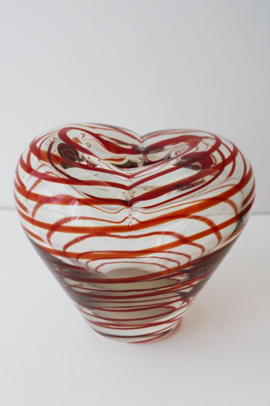 vintage art glass heart shaped vase, Valentine heart crystal clear glass w/ red 