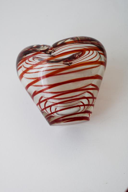 vintage art glass heart shaped vase, Valentine heart crystal clear glass w/ red 
