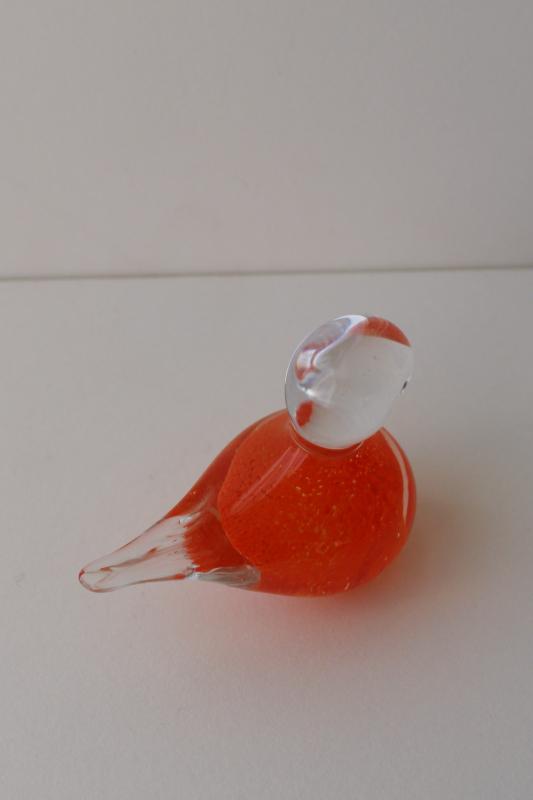 vintage art glass paperweight bird, orange cased in crystal clear glass