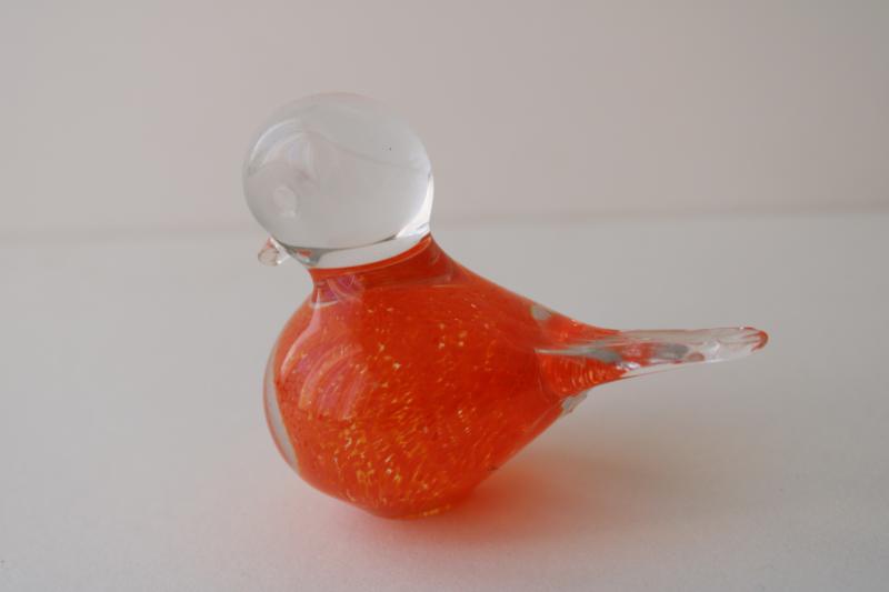 vintage art glass paperweight bird, orange cased in crystal clear glass