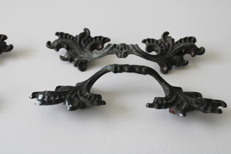 vintage art nouveau french bronze style pulls, drawer hardware ornate leaves & branches