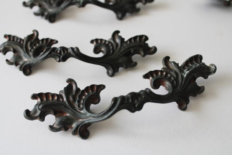 vintage art nouveau french bronze style pulls, drawer hardware ornate leaves & branches