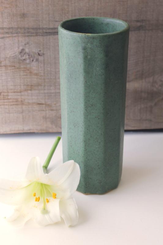 vintage art pottery vase, speckled matte green glaze paneled column vase