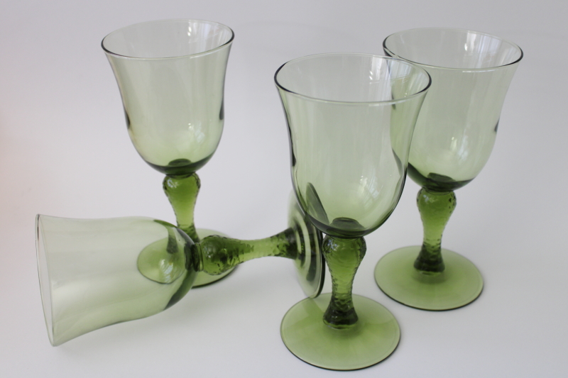 vintage avocado green glass goblets, Libbey Martello pattern wine or water glasses