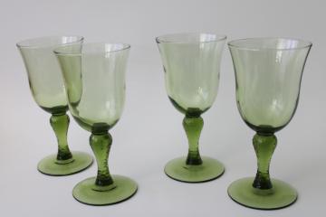 vintage avocado green glass goblets, Libbey Martello pattern wine or water glasses